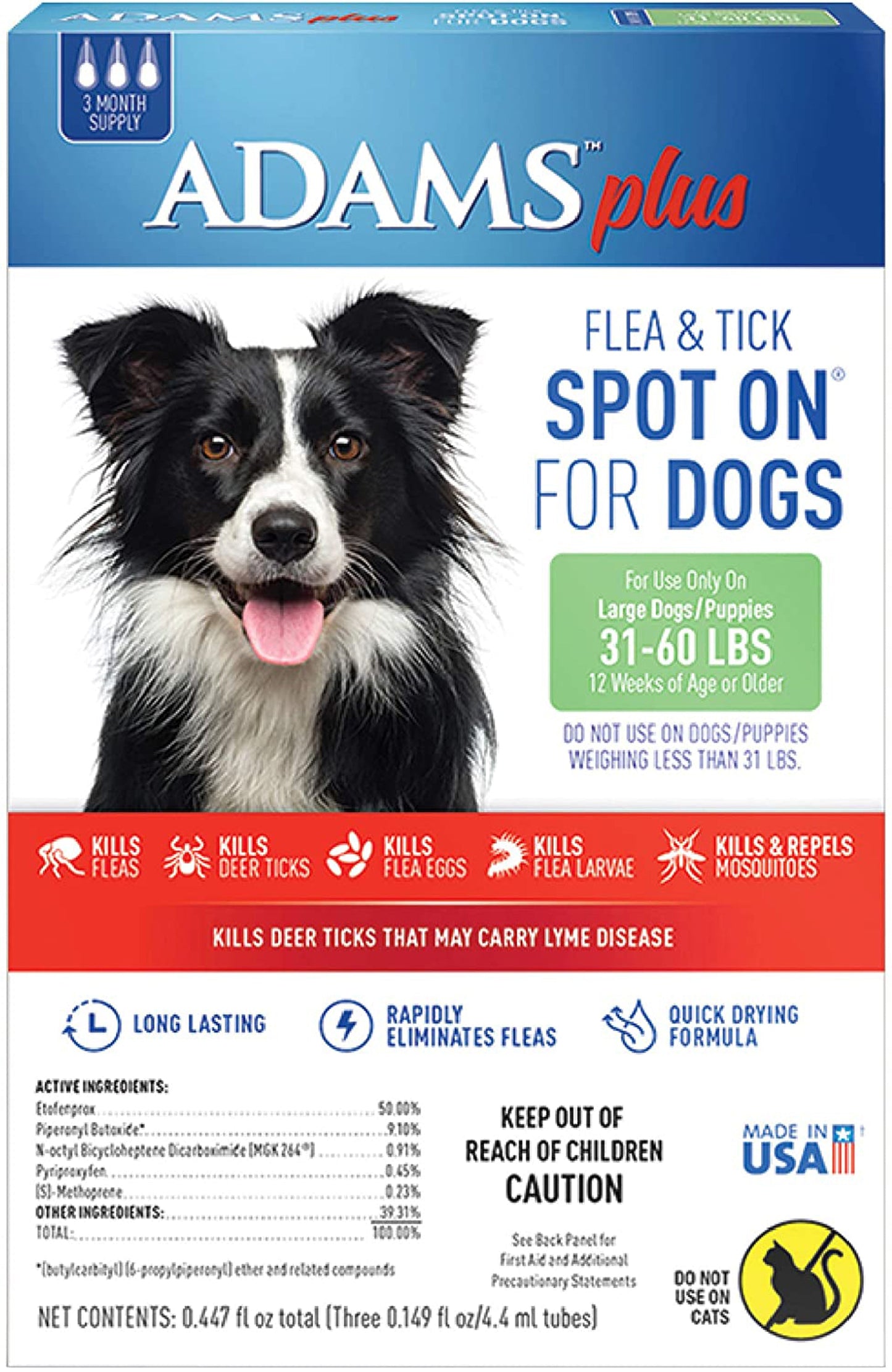 Adams Plus Flea & Tick Prevention Spot On for Dogs 3 Month Supply Clear 1ea/Large Dogs 31 To 60 lb