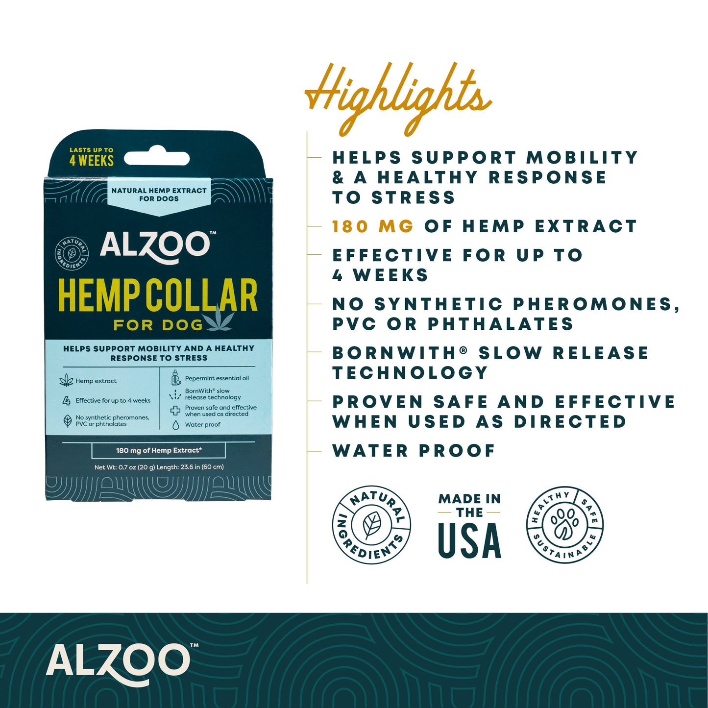 Alzoo Plant-Based Hemp Premium Collar For Dogs 23.6In.